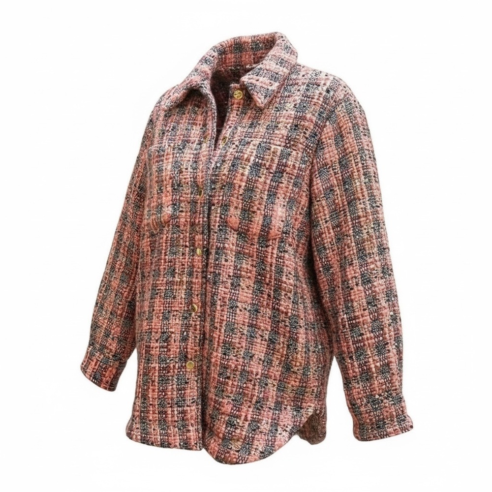 Maison Scotch Women Pink Plaid Tweed Boucle Shacket Quiet Luxury Parisian Chic S